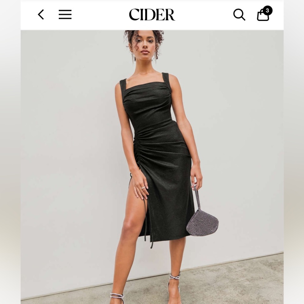 CIDER SQUARE NECK DRAWSTRING SPLIT MIDI DRESS. Size L (8). NWT. Black shimmer